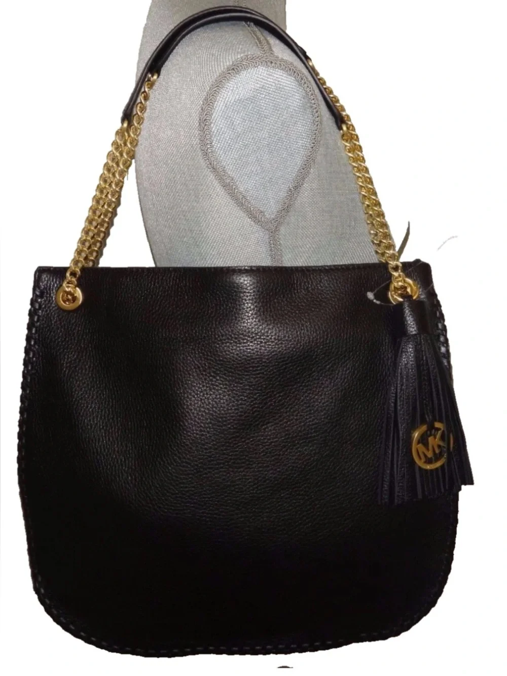 Michael Kors Black Leather Shoulder Bag with Gold Chain and Tassel